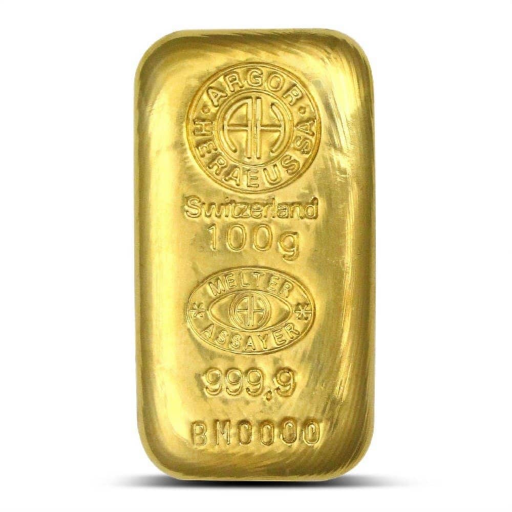 100 Gram Argor Heraeus Cast Gold Bar