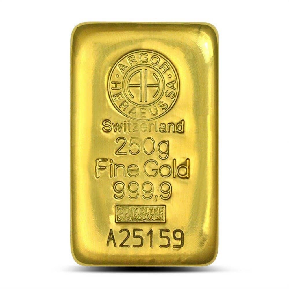 250 Gram Argor Heraeus Cast Gold Bar